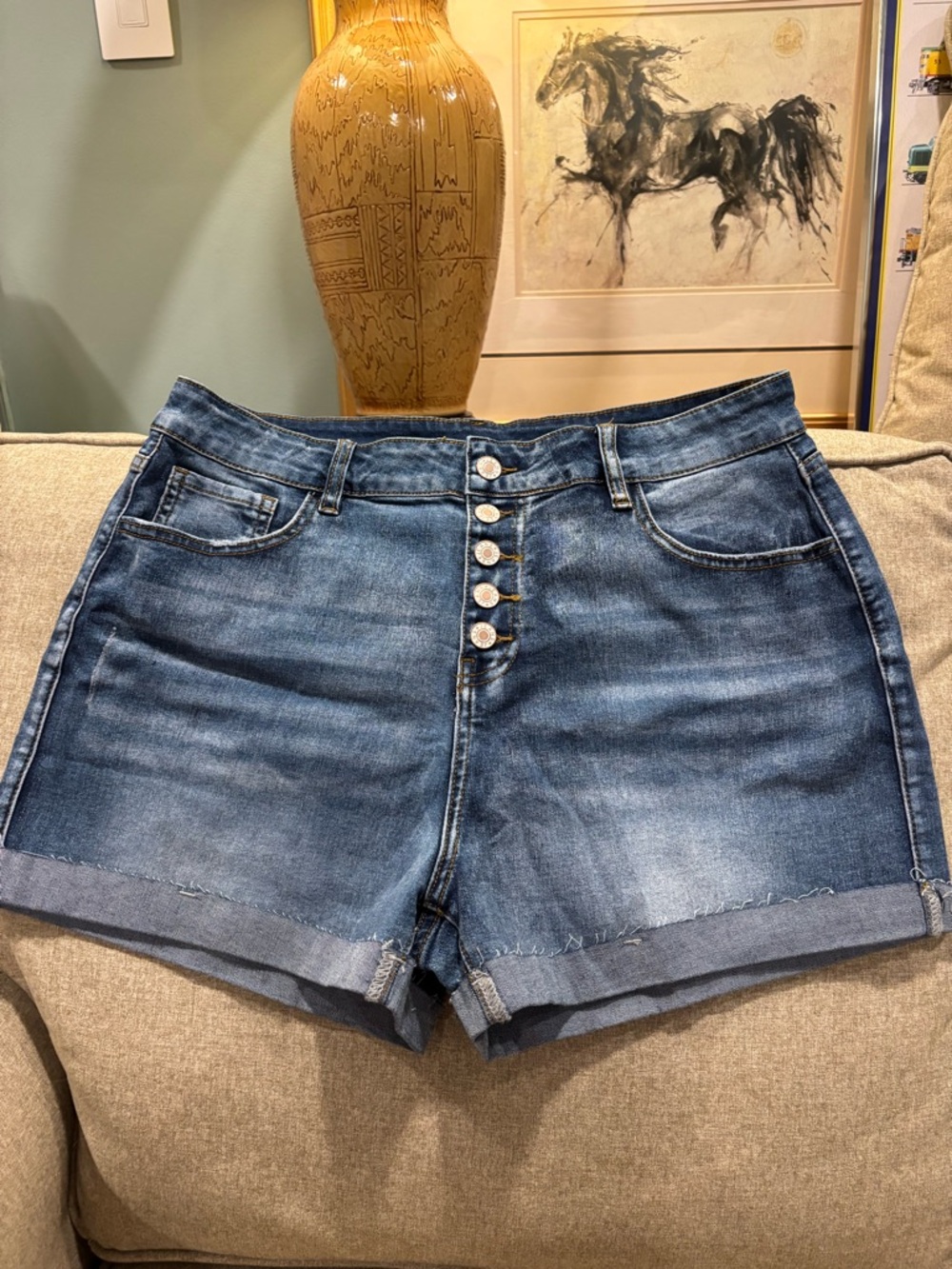 High-Rise Button-Front Denim Shorts in Blue